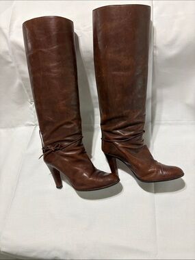 Gavia Women’s Brown Leather Knee-High Heeled Boots with Tie Detail